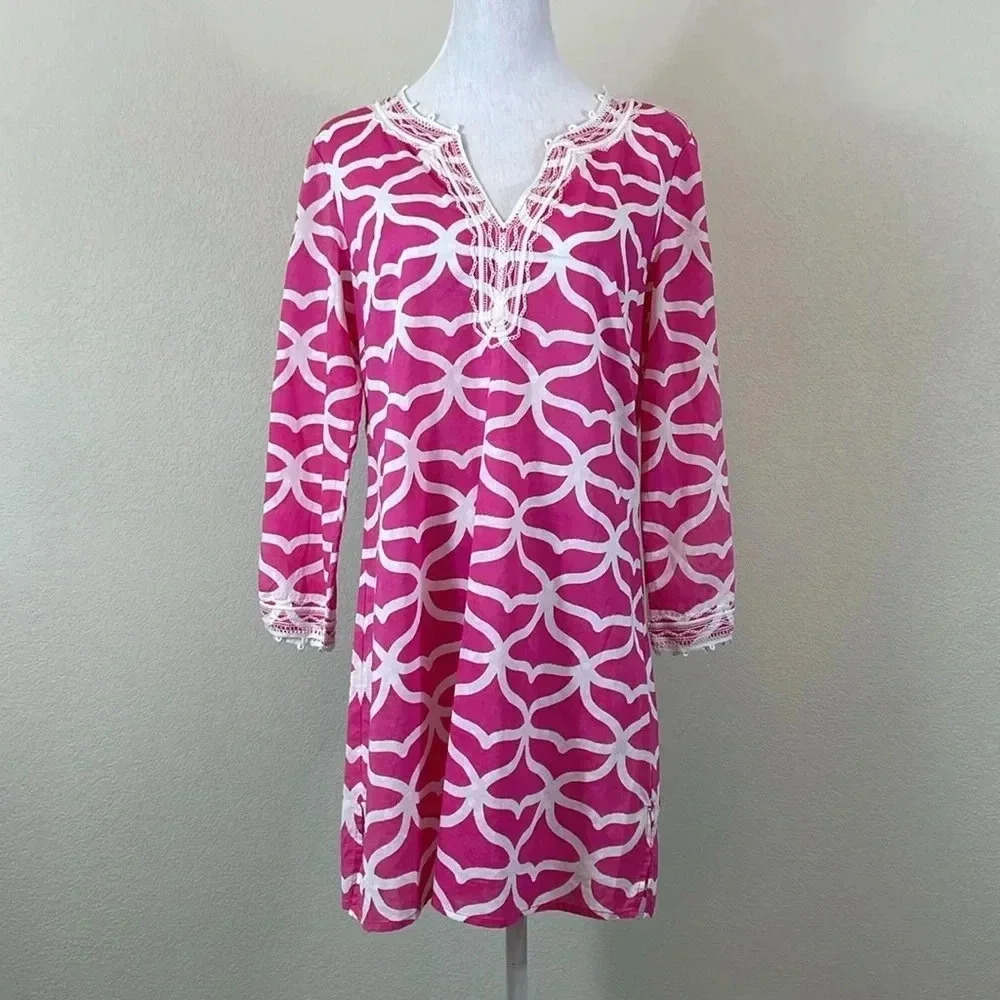 Vineyard Vines long sleeve 100% cotton pink white print mini dress‎ size S